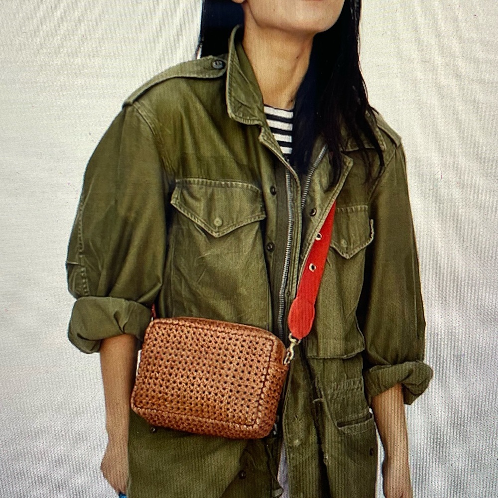 Clare V Midi Sac in Tan Rattan with Crossbody Strap in Poppy with Garmets